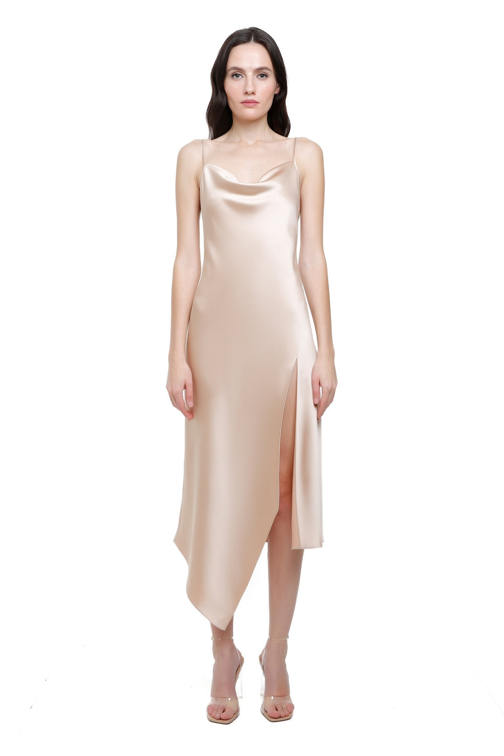 satin slip asymmetrical midi dress Asymmetrical Satin Slip Dress