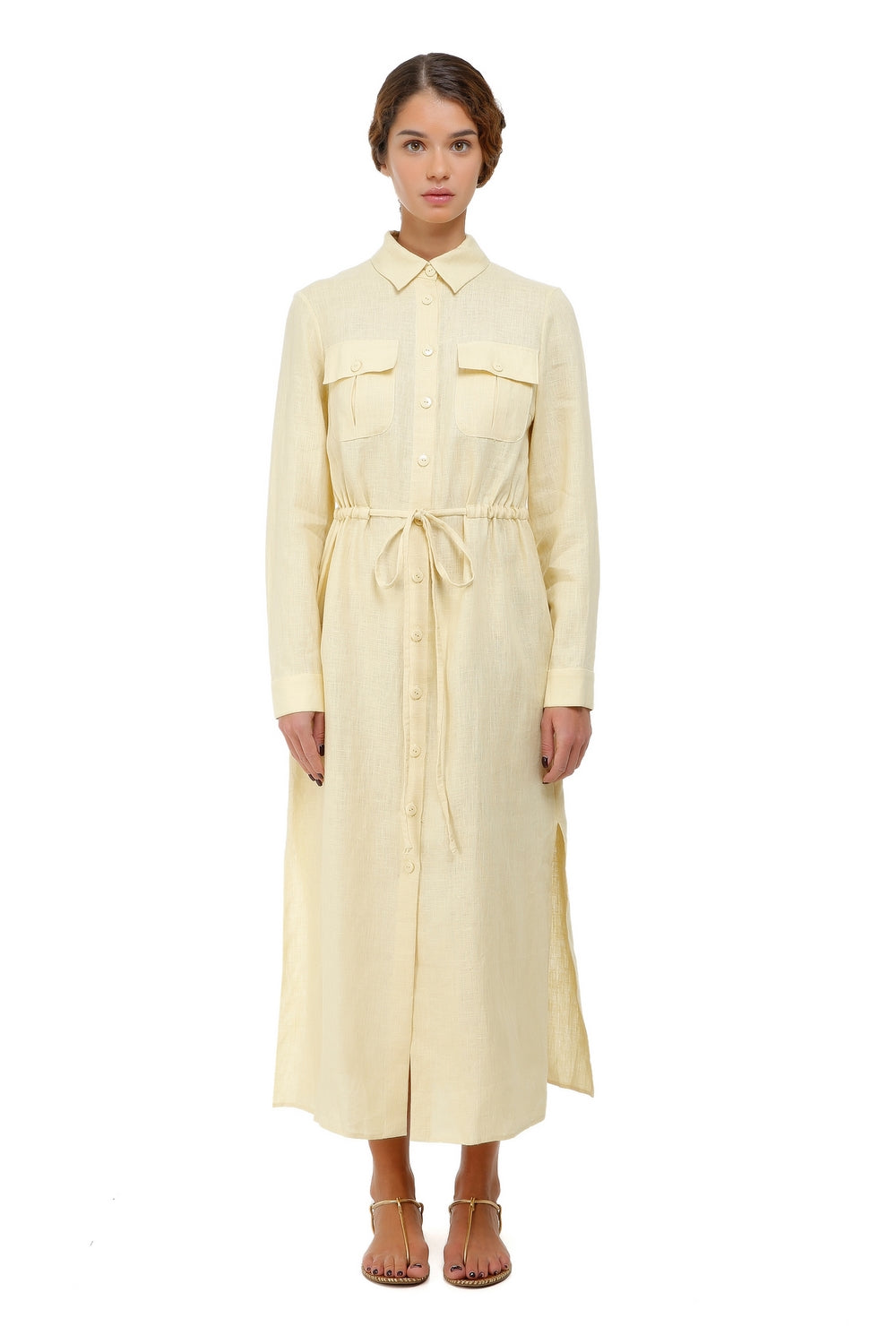 LP Light Yellow Linen Midi Shirt Dress