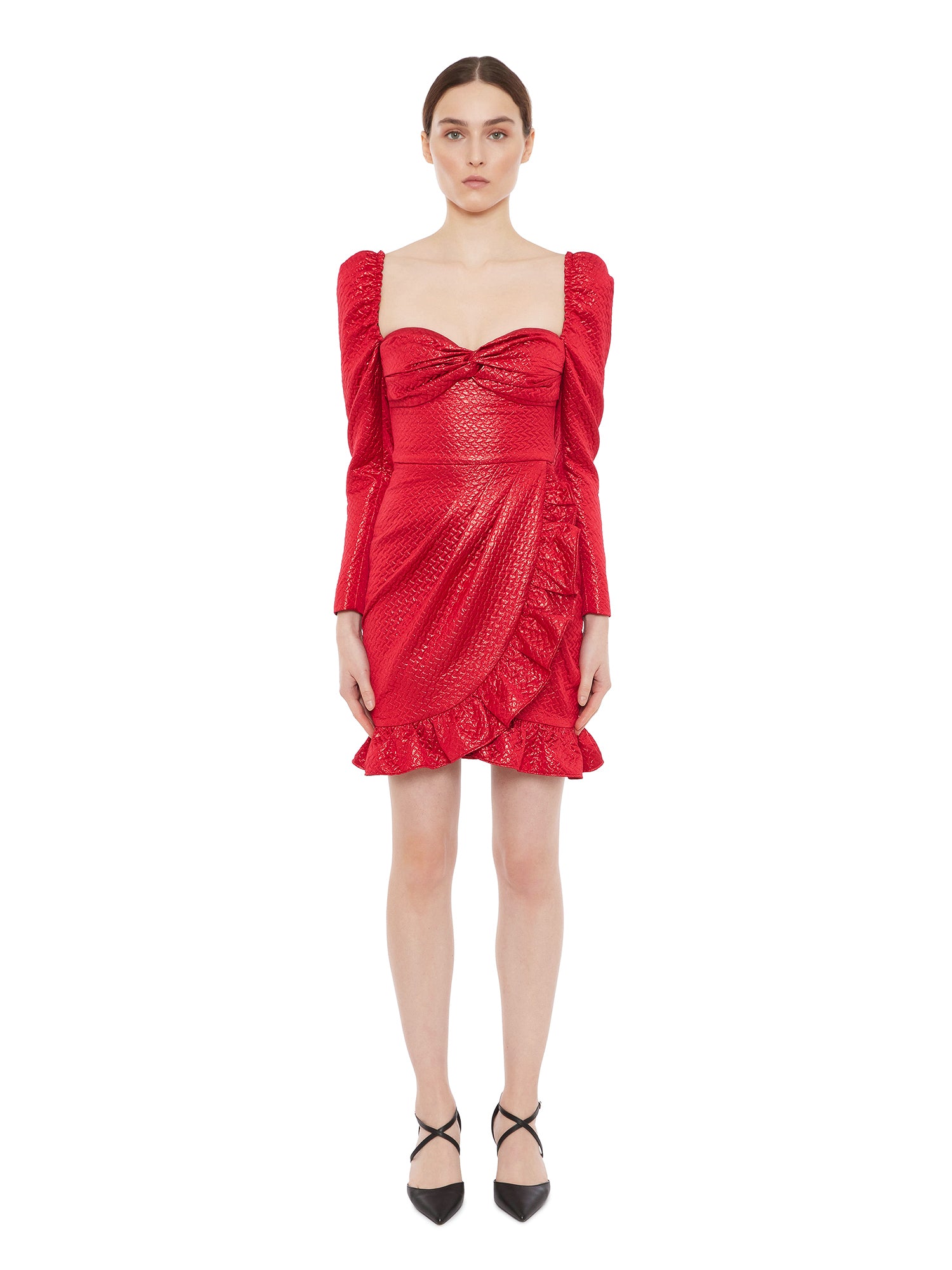 Orli Red Jacquard Ruffle Mini Dress