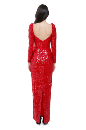 Ines Embellished Corset Evening Gown in Fire Red