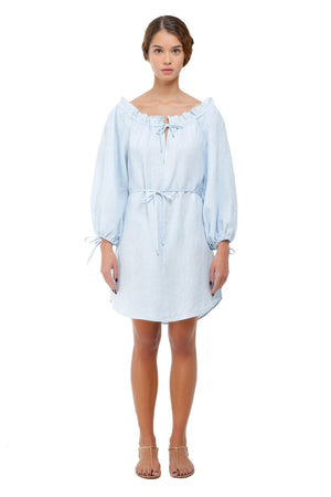 La Reserve Off Shoulder Sky Blue Linen Dress