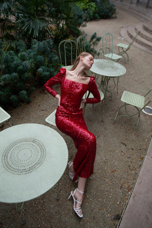 Ines Embellished Corset Evening Gown in Fire Red YASYA MINOCHKINA Ines Embellished Corset Evening Gown in Fire Red YASYA MINOCHKINA